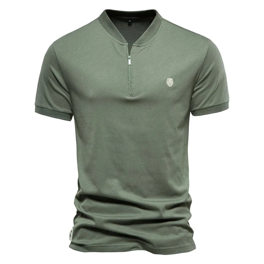 100% Cotton Men's T-shirt  Solid Color Casual V-neck Zipper T shirt for Men New Summer High Quality Brand Men Tops Tees