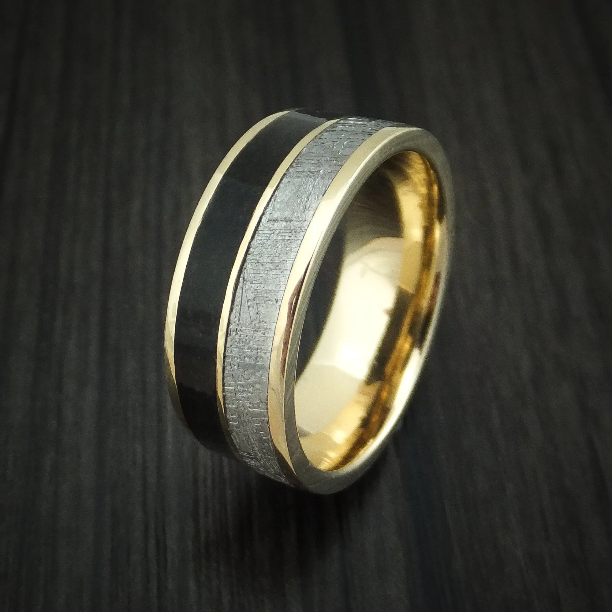 14K Yellow Gold Black Dinosaur Bone and Gibeon Meteorite Men's Ring Custom Made Fossil Band