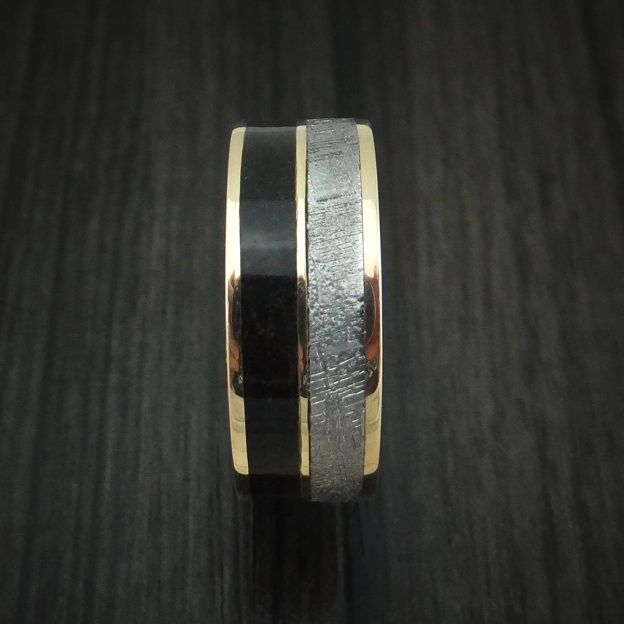 14K Yellow Gold Black Dinosaur Bone and Gibeon Meteorite Men's Ring Custom Made Fossil Band