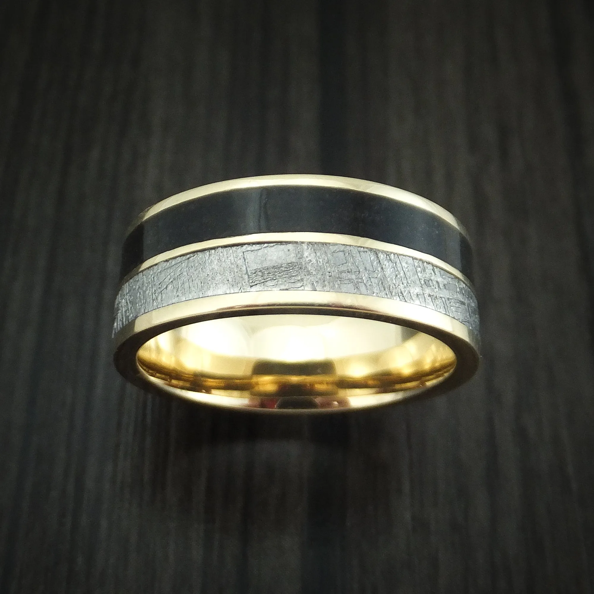 14K Yellow Gold Black Dinosaur Bone and Gibeon Meteorite Men's Ring Custom Made Fossil Band