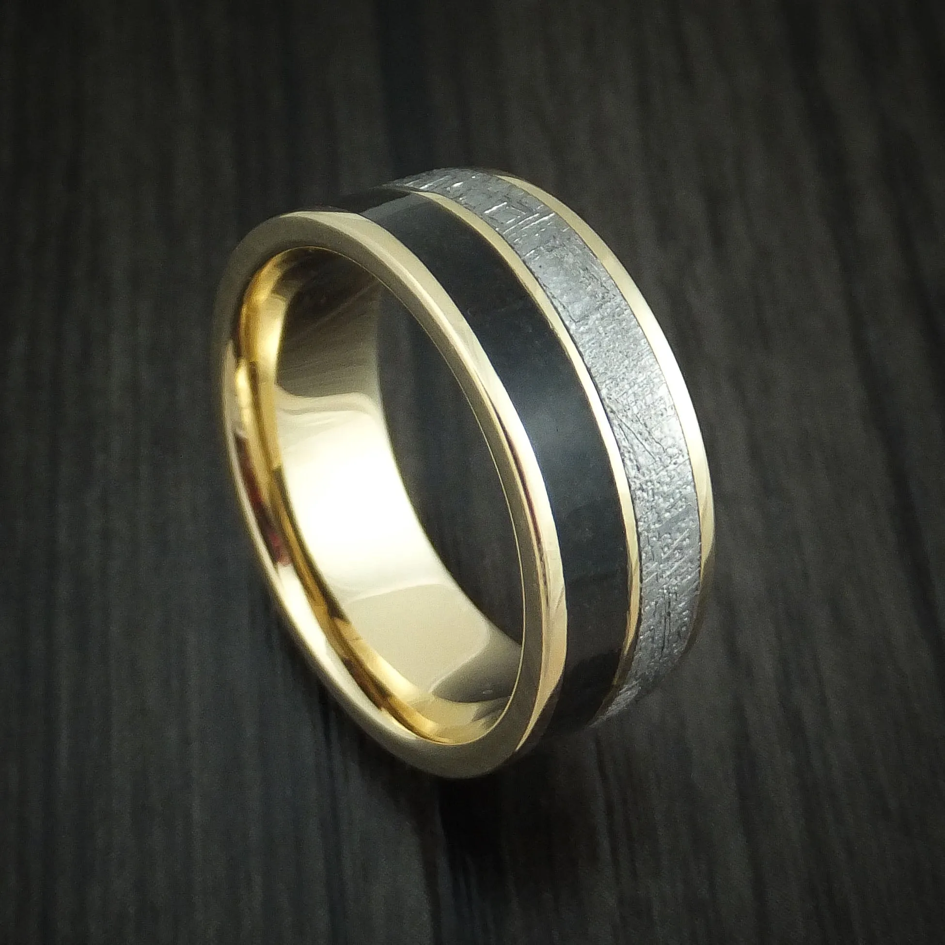 14K Yellow Gold Black Dinosaur Bone and Gibeon Meteorite Men's Ring Custom Made Fossil Band