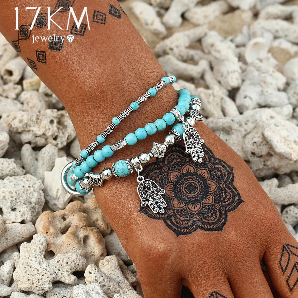 17KM 3PCS Vintage Hamsa Hand Bracelets & Bangles For Women Femme Stone Beads Charm DIY Love Bracelet Bijoux Ethnic Boho Jewelry