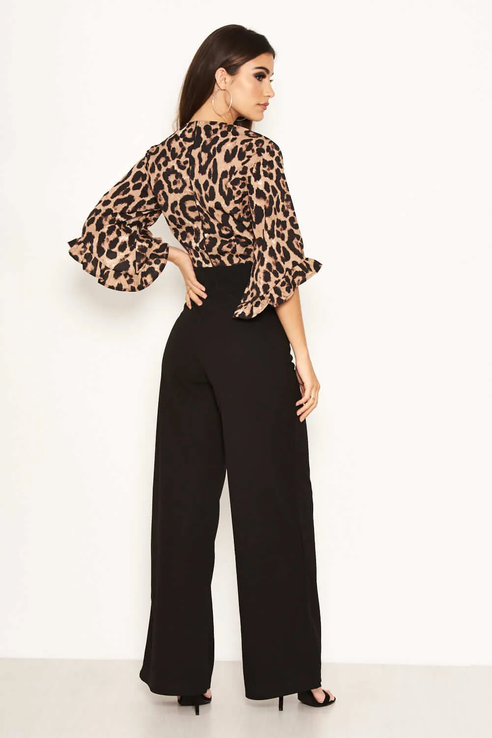 2 in 1 Leopard Print Frill Sleeve Jumpsuit