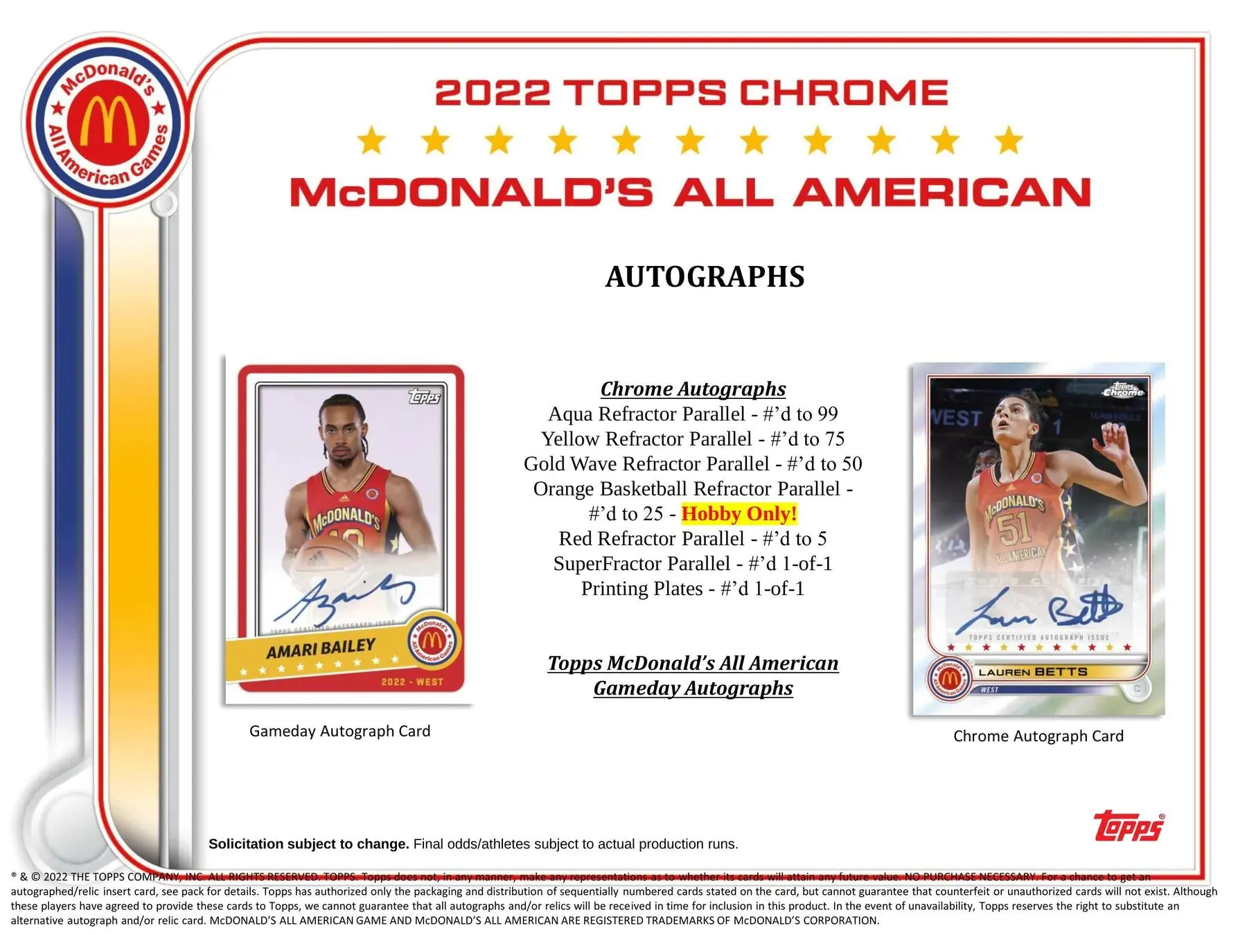 2022 Topps McDonald's All American Chrome Basketball Hobby Box 20 Packs per Box, 4 Cards per Pack