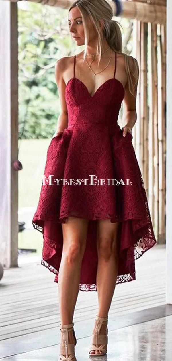 A-Line Spaghetti Straps Hi-Lo Red Lace Homecoming Dresses with Pockets ,Short Prom Dresses,BDY0347