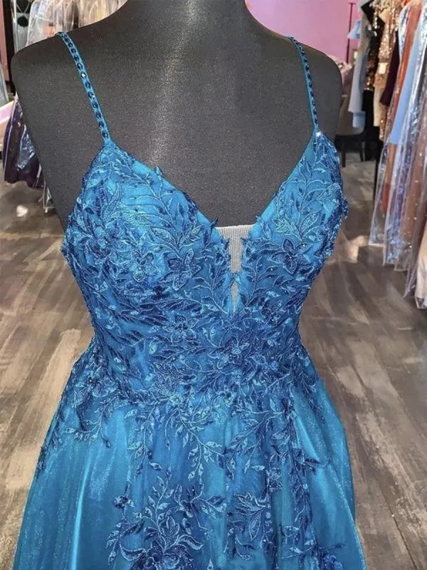 A Line V Neck Blue Lace Long Prom, V Neck Blue Formal, Blue Lace Evening