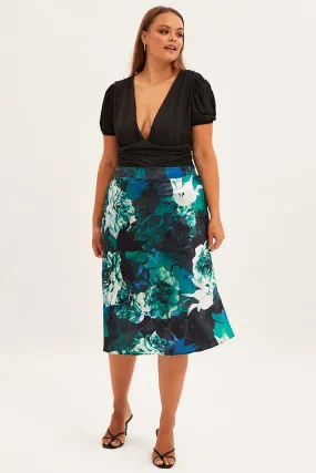 Abstract Print Slip Skirt Midi Satin