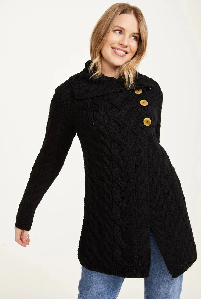 Aran - Buttoned Longline Cardigan - Black