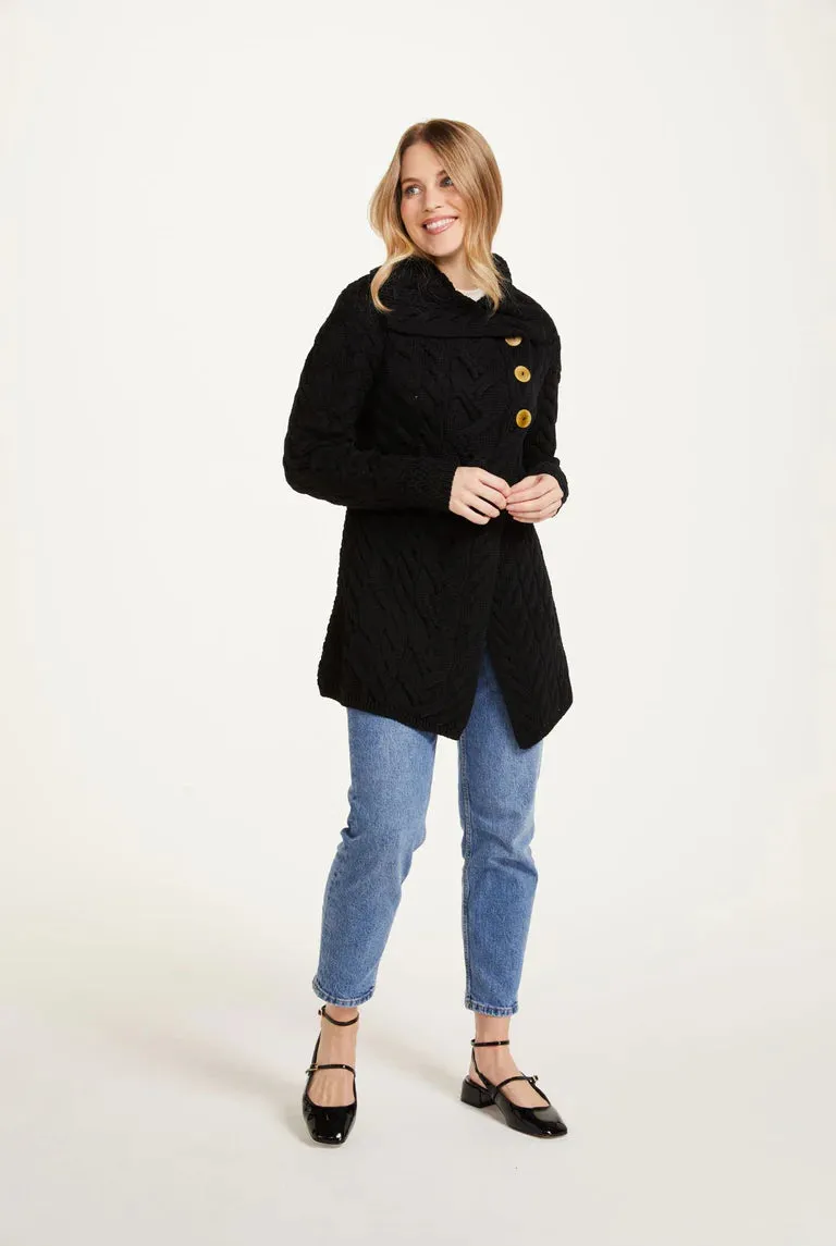 Aran - Buttoned Longline Cardigan - Black