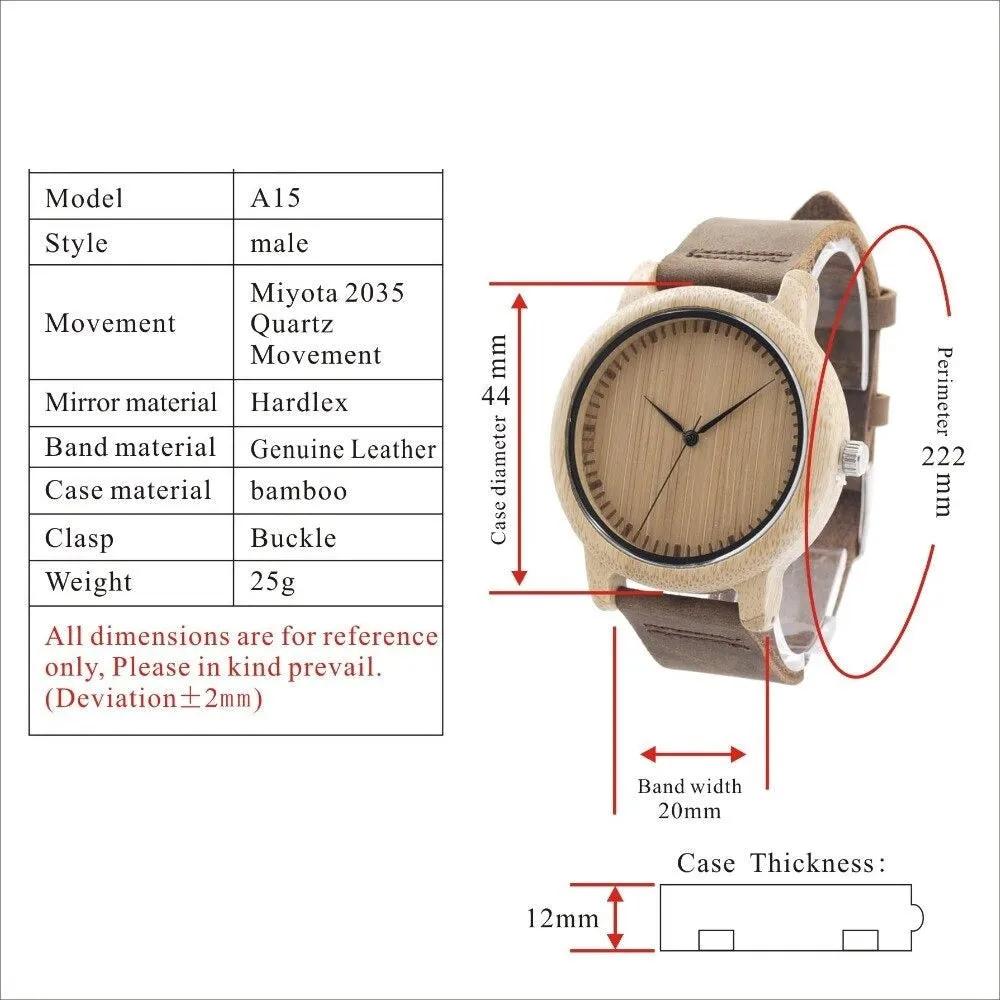 Bamboo Wooden Casual Leather Strap Quartz Watches for Men and Women