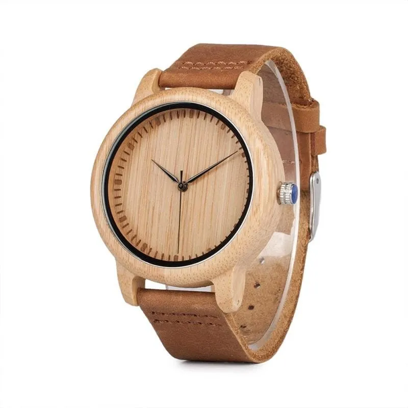 Bamboo Wooden Casual Leather Strap Quartz Watches for Men and Women