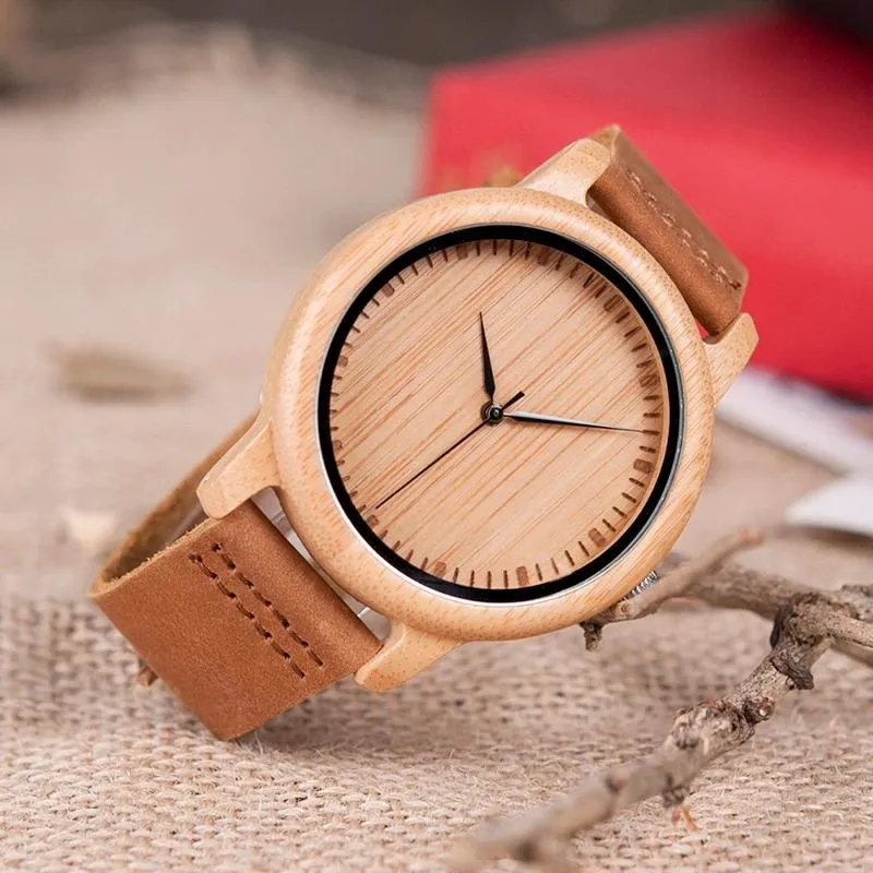 Bamboo Wooden Casual Leather Strap Quartz Watches for Men and Women