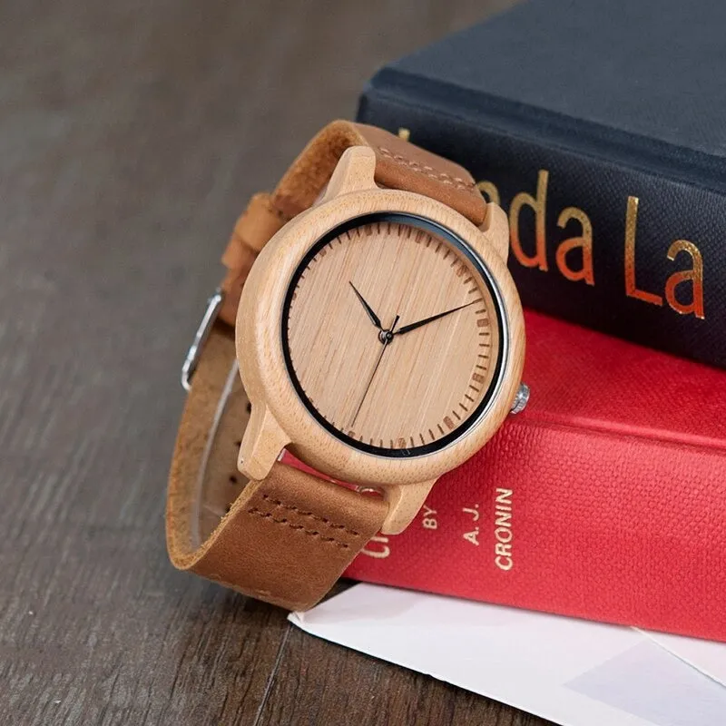 Bamboo Wooden Casual Leather Strap Quartz Watches for Men and Women