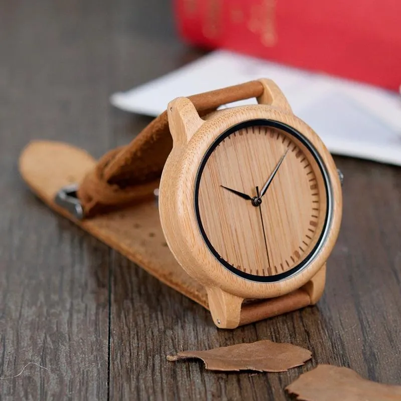 Bamboo Wooden Casual Leather Strap Quartz Watches for Men and Women