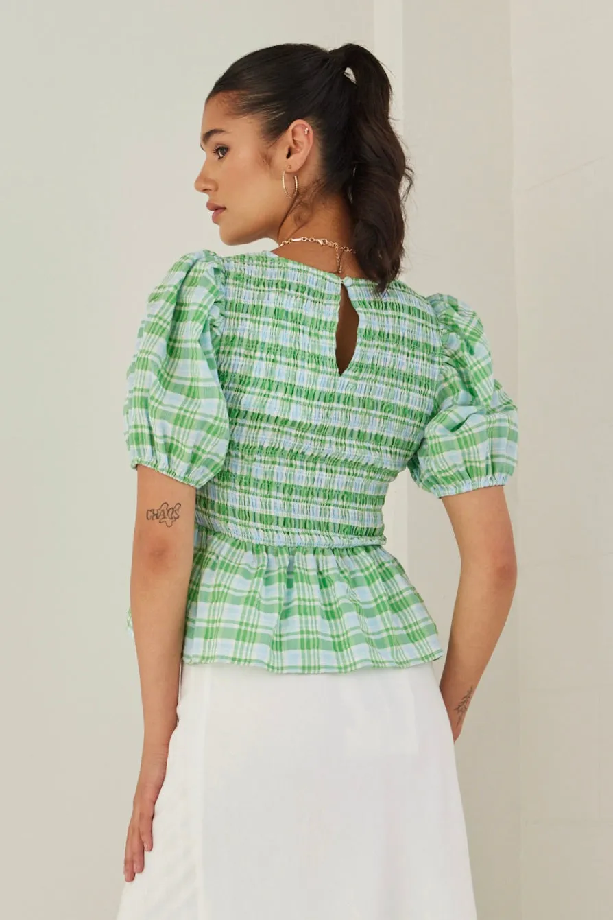 Beholden Blue Green Check Shirred Bodice SS Top