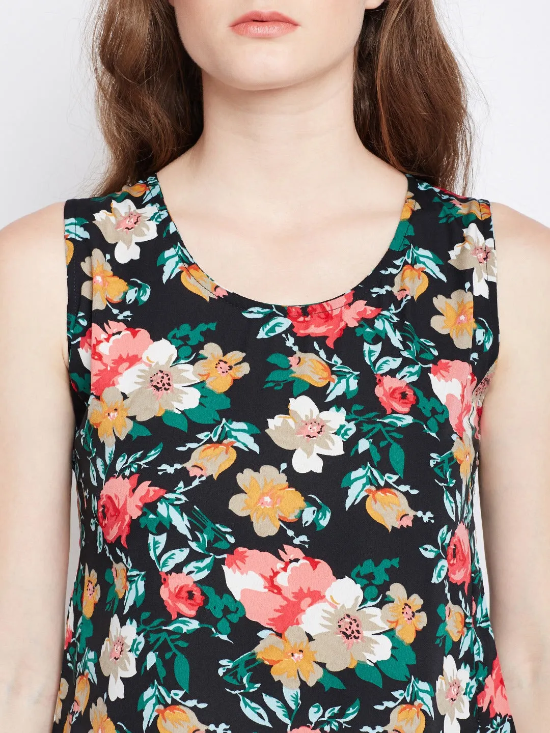 Berrylush Women Black & Multicolour Floral Printed Round Neck Sleeveless Crepe Regular Top