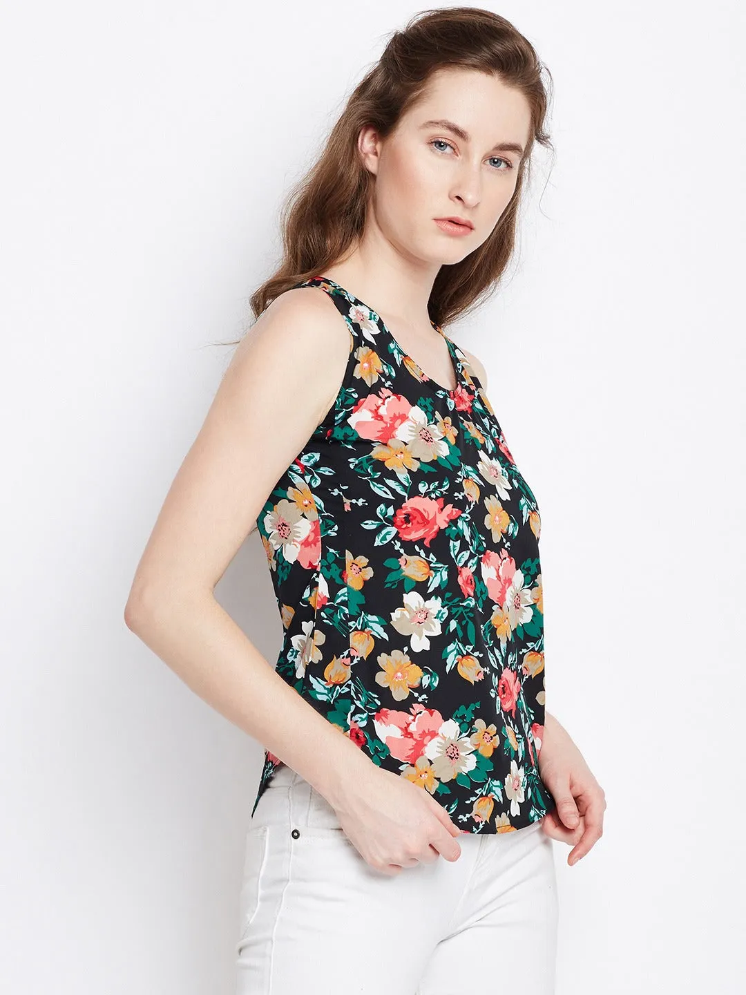 Berrylush Women Black & Multicolour Floral Printed Round Neck Sleeveless Crepe Regular Top