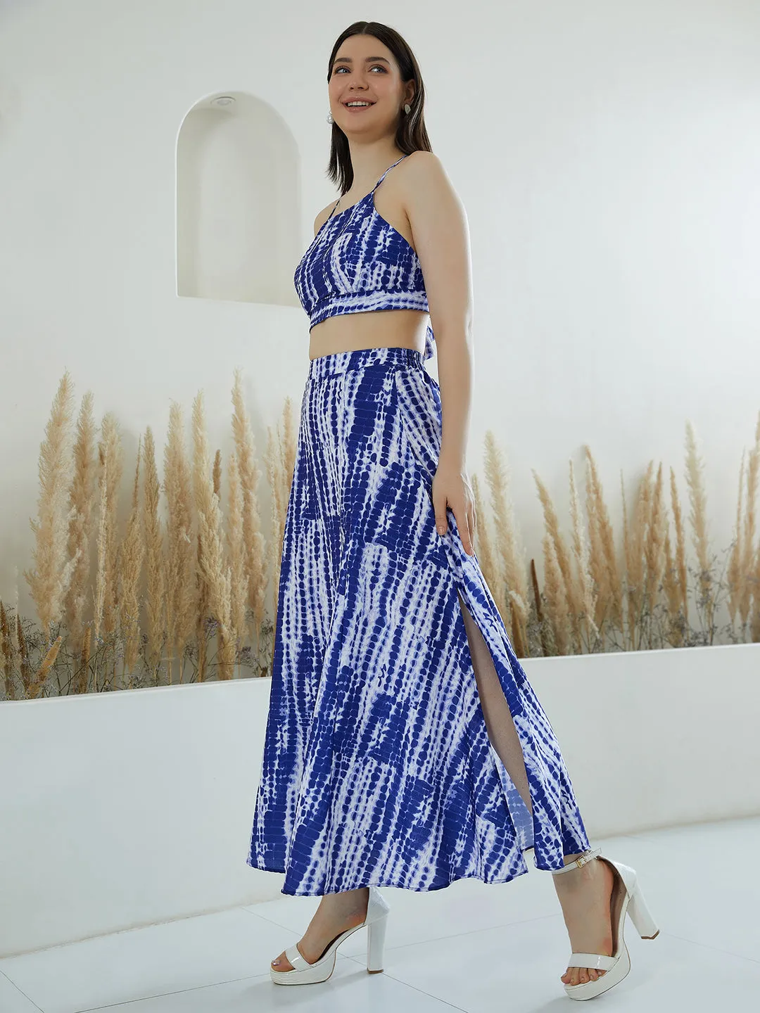 Berrylush Women Blue & White Tie-Dye Printed Halter Neck Backless Crop Top & Thigh-High Slit Maxi Skirt Co-Ordinate Set