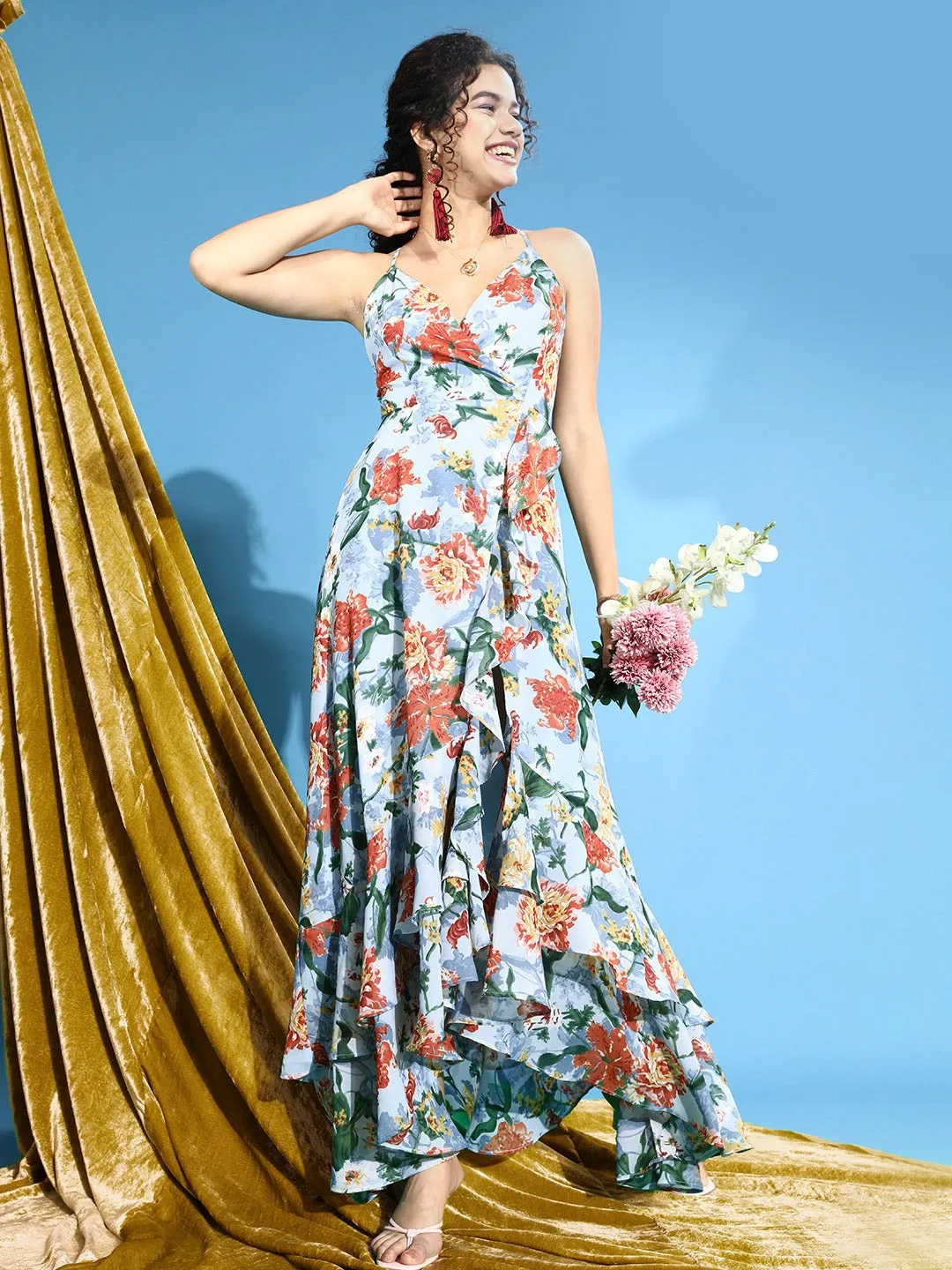 Berrylush Women Blue Floral Printed V-Neck Lace-Up Crepe Maxi Dress