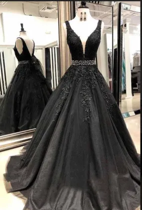 Black A-Line V-neck Beaded Tulle Prom, PD2305251