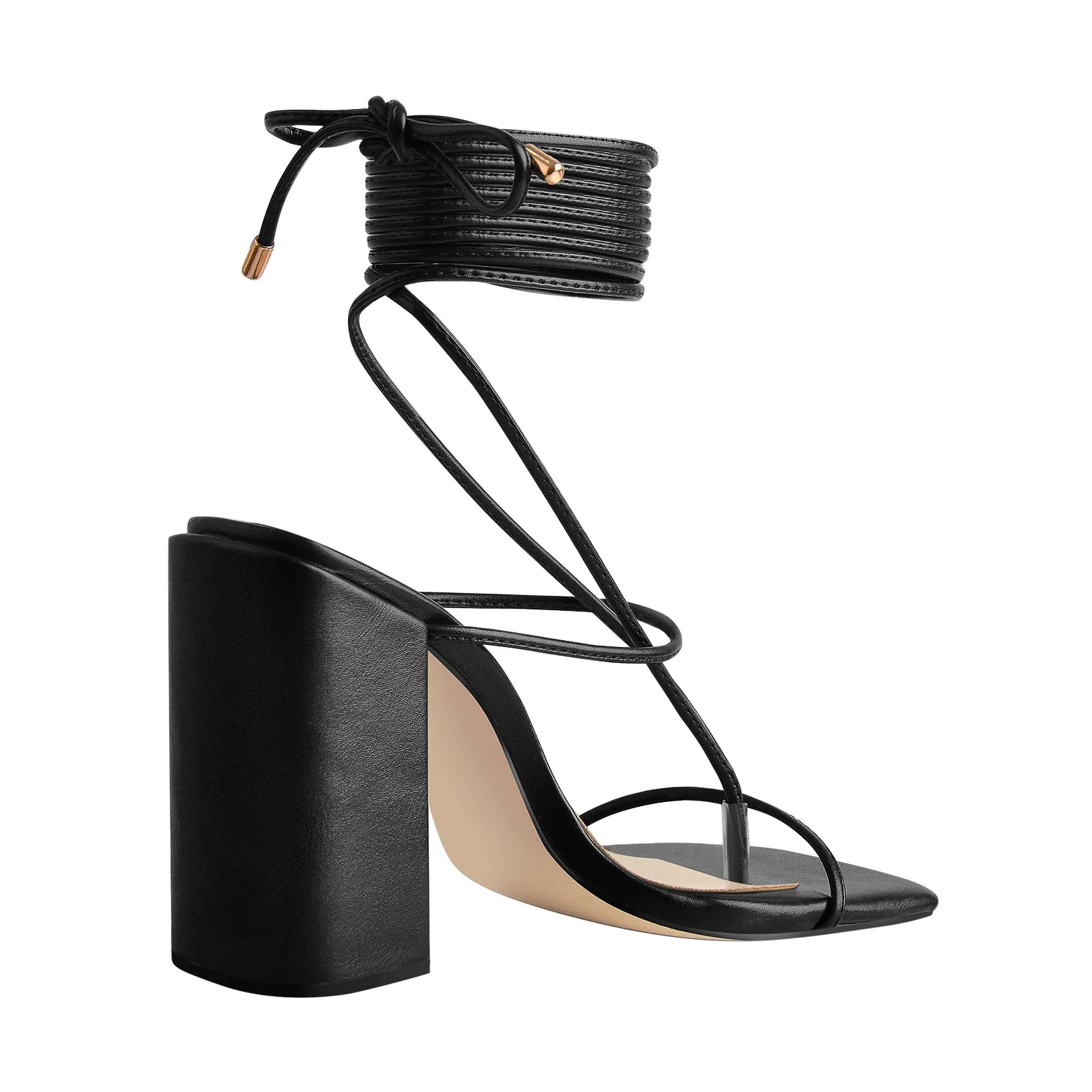 Black Ankle Strap Square Toe Chunky Heels Sandals