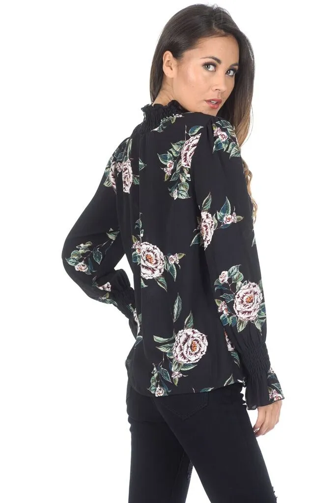 Black Floral High Neck Frill Top