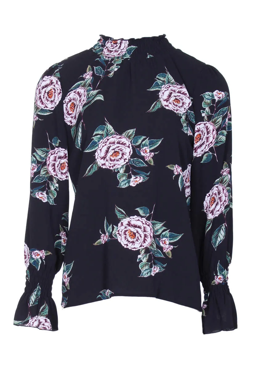 Black Floral High Neck Frill Top