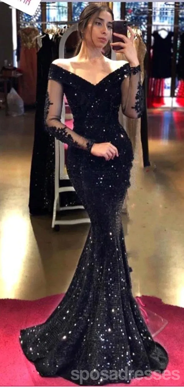 Black Mermaid Long Sleeves Off Shoulder Cheap Prom Dresses Online,12874