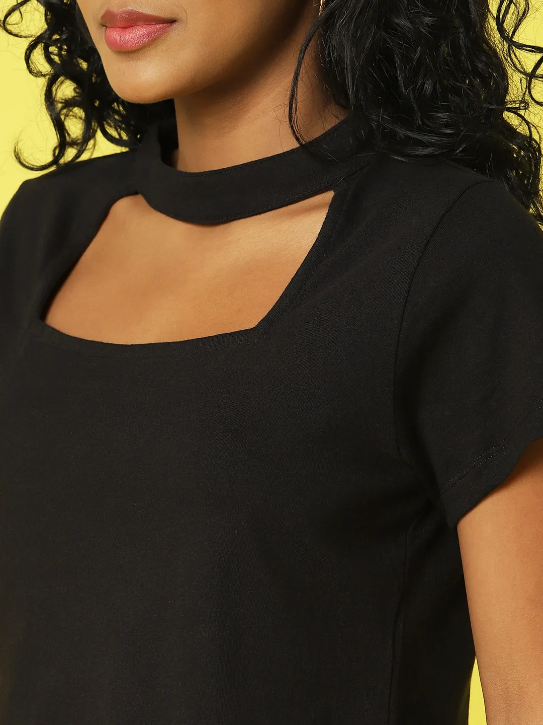 Black Solid Half Sleeves Crop Top With Cutout Detail