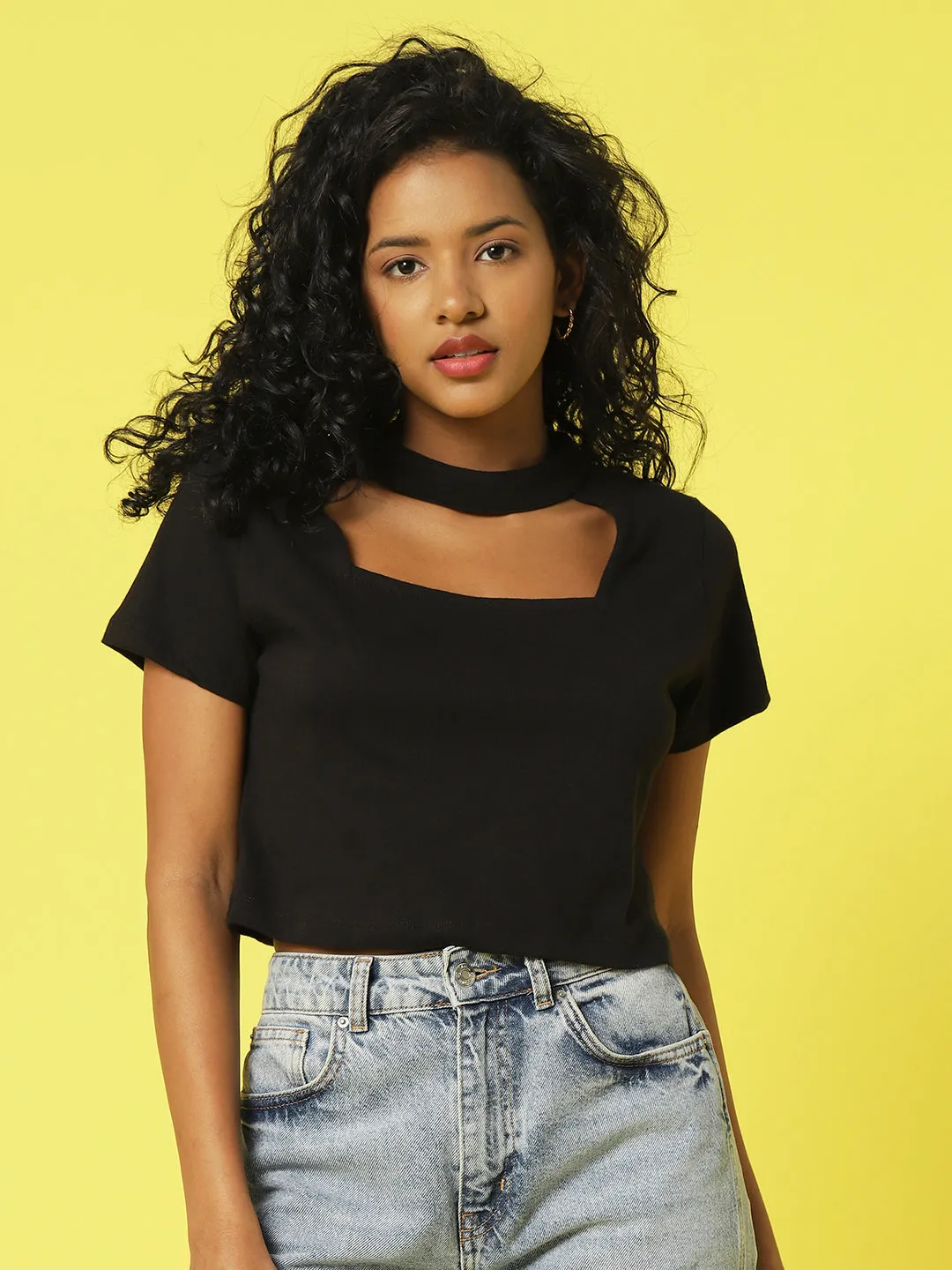 Black Solid Half Sleeves Crop Top With Cutout Detail