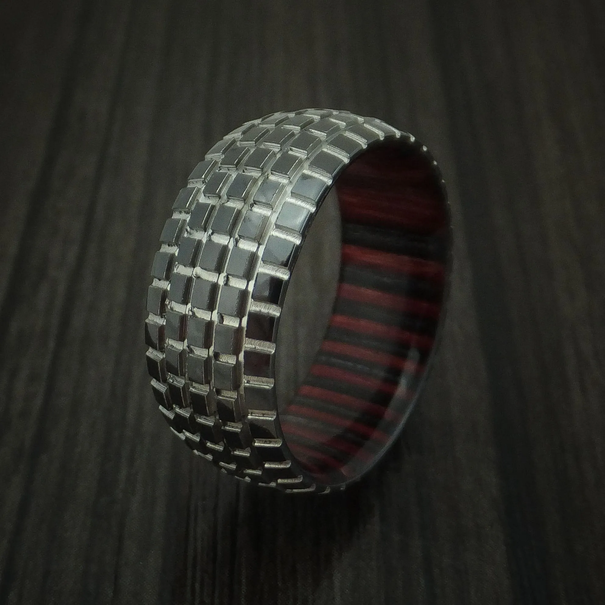 Black Titanium Carved Tread Design Men's Ring with Wood Sleeve Bold Unique Band Custom Made