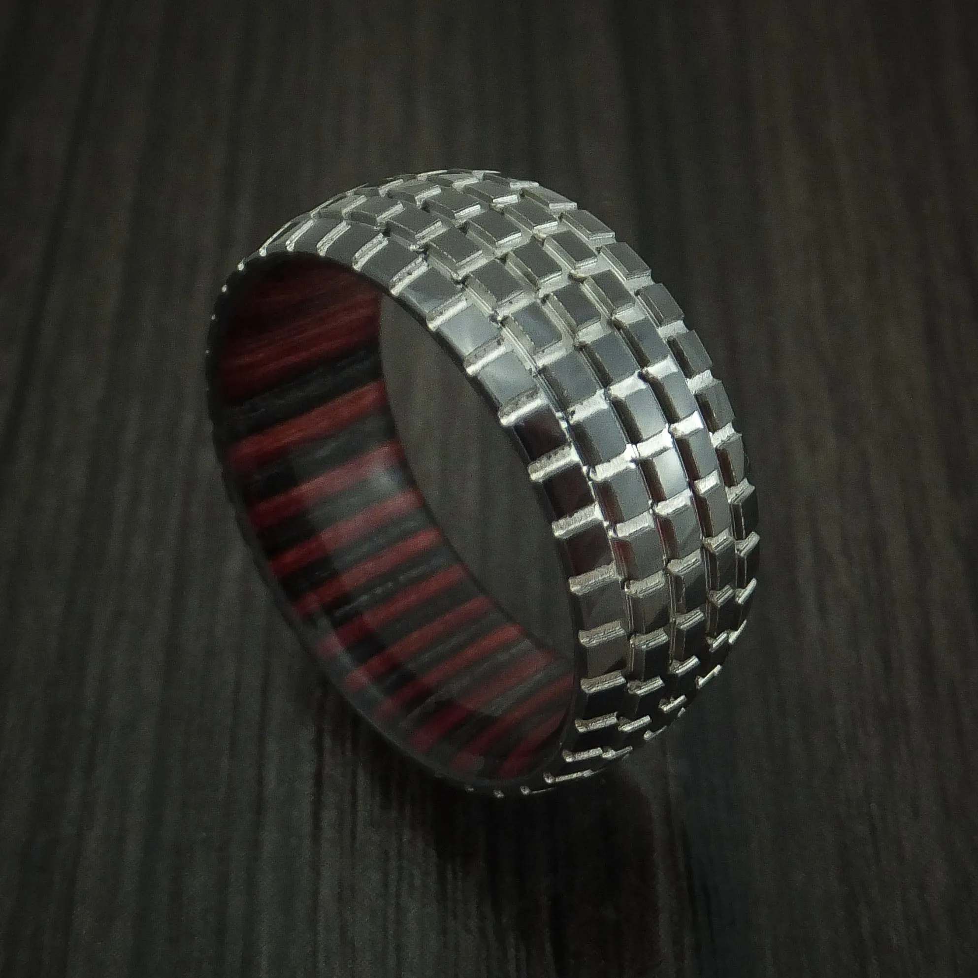 Black Titanium Carved Tread Design Men's Ring with Wood Sleeve Bold Unique Band Custom Made