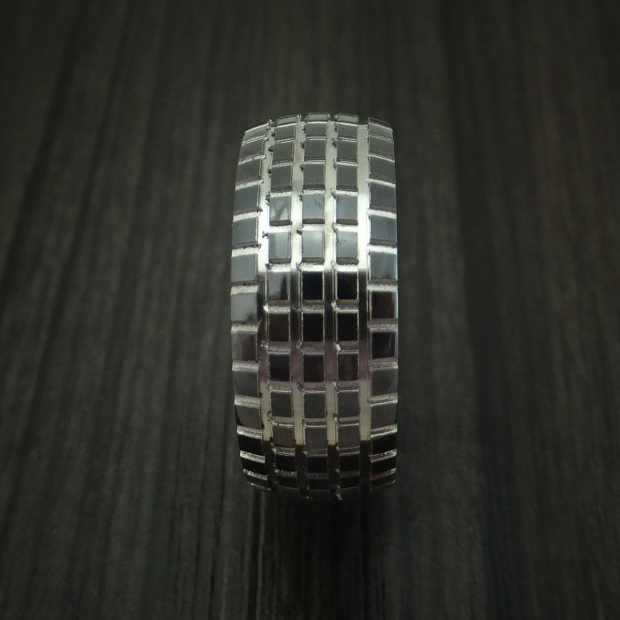 Black Titanium Carved Tread Design Men's Ring with Wood Sleeve Bold Unique Band Custom Made