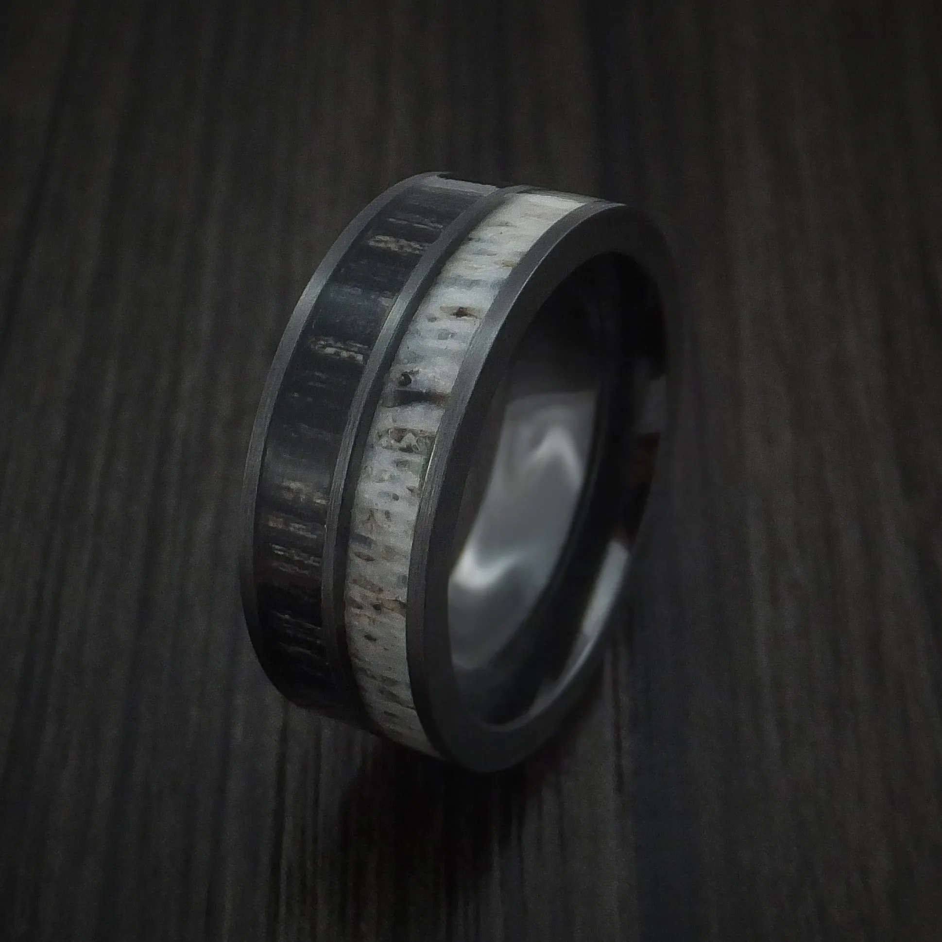 Black Titanium with Charcoal Wood and Antler Men's Ring Custom Made Band