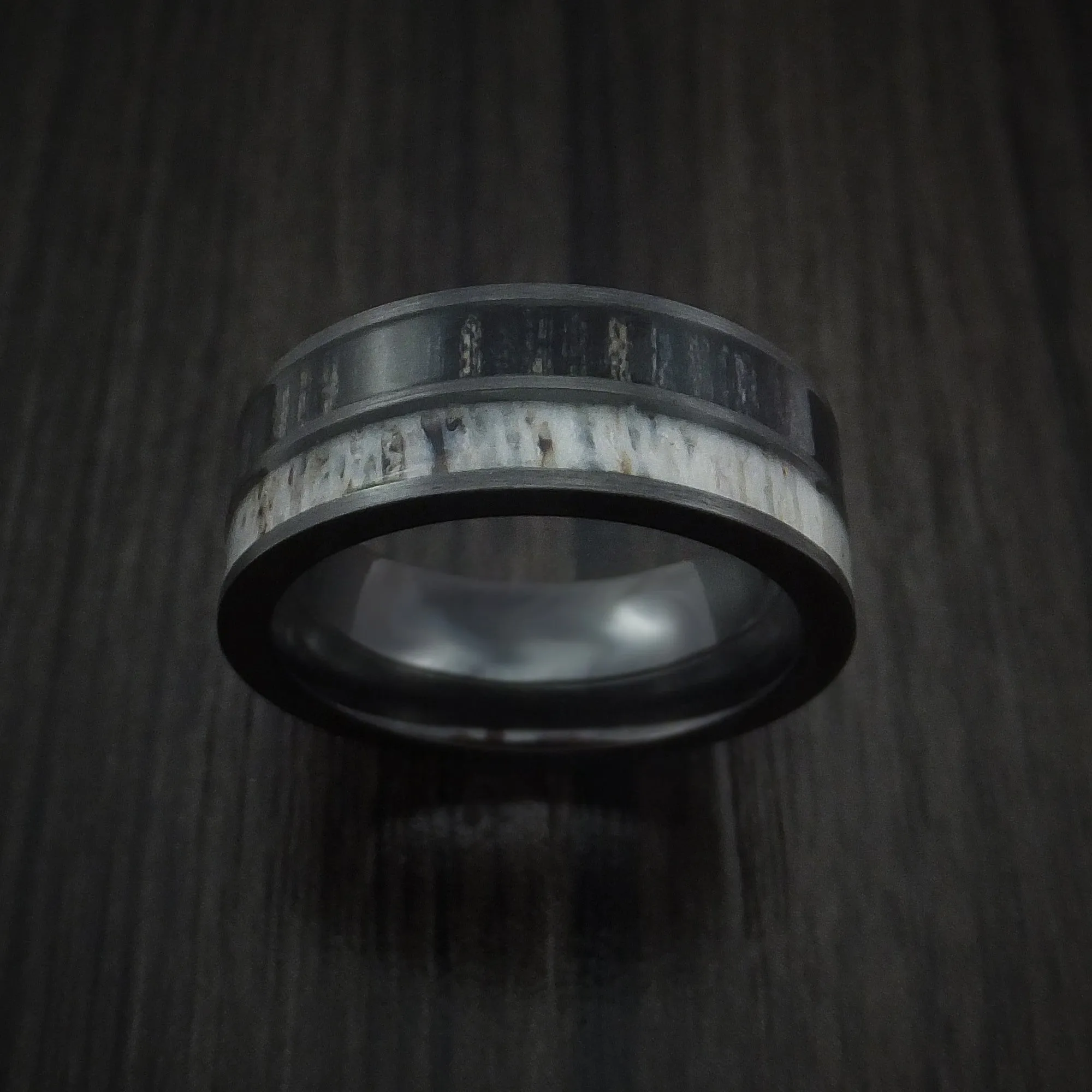 Black Titanium with Charcoal Wood and Antler Men's Ring Custom Made Band