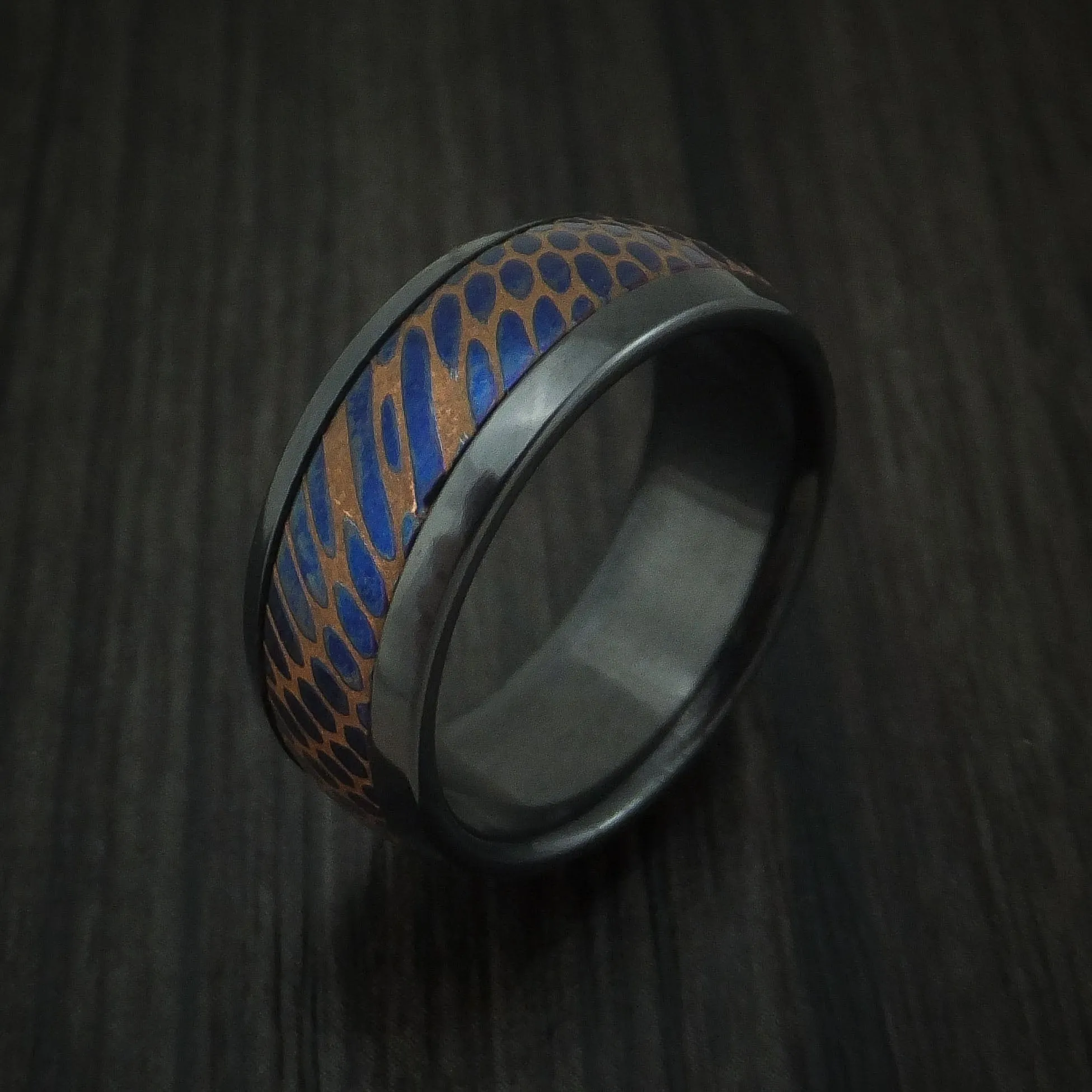 Black Zirconium and Anodized Etched Superconductor Men's Ring Custom Made Titanium-Niobium and Copper Band