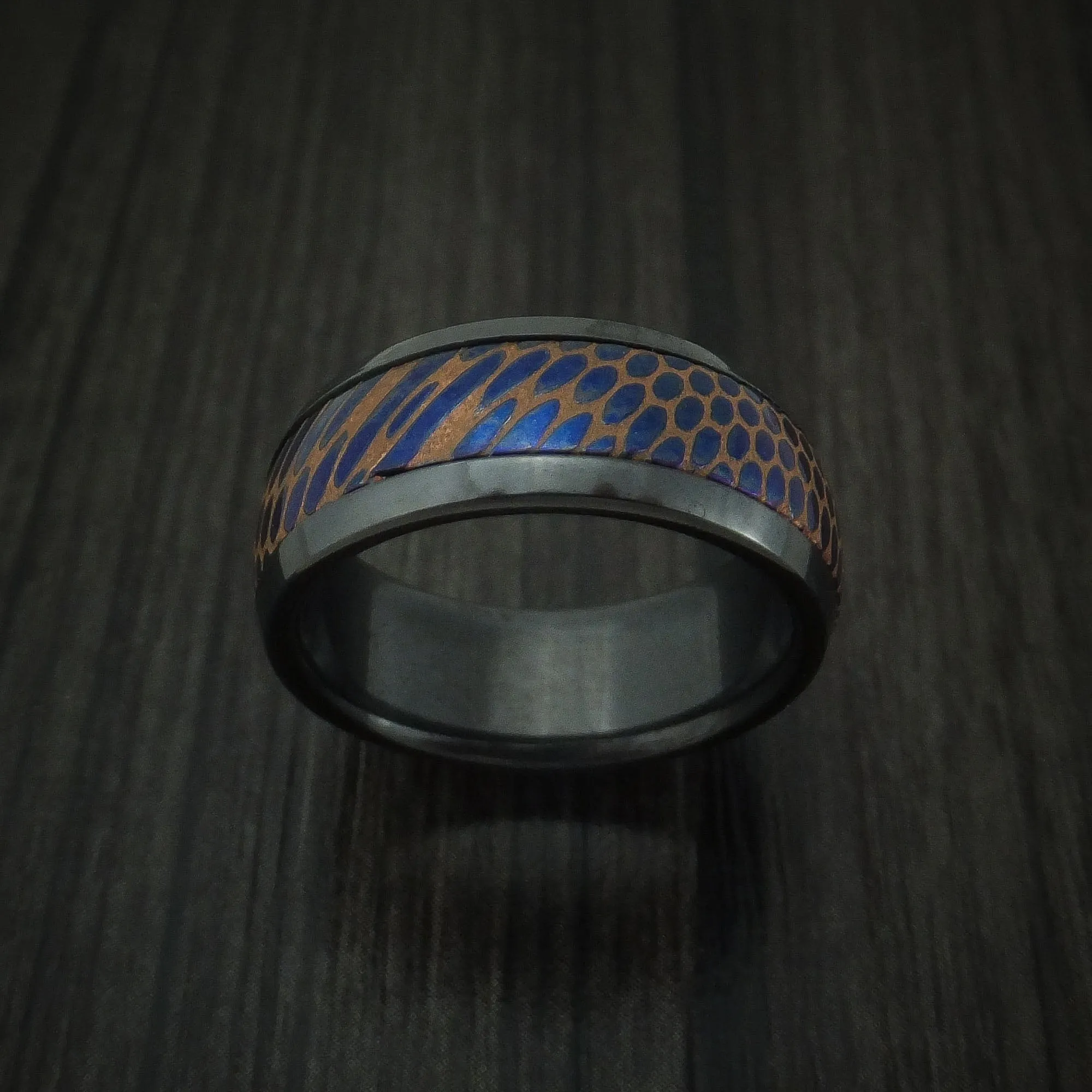 Black Zirconium and Anodized Etched Superconductor Men's Ring Custom Made Titanium-Niobium and Copper Band