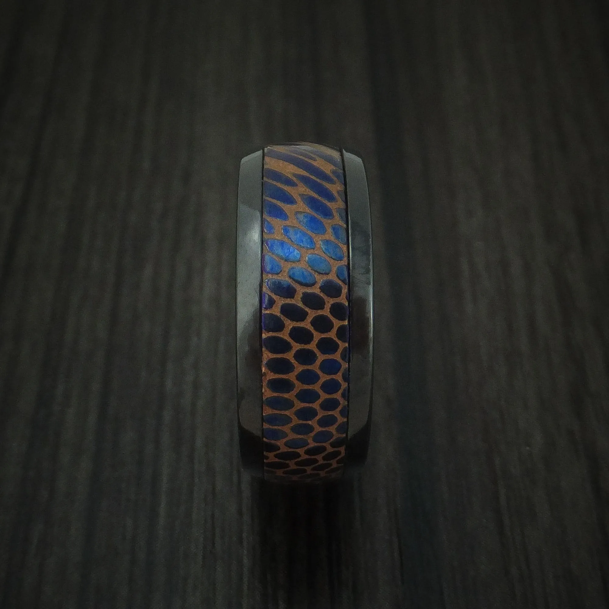 Black Zirconium and Anodized Etched Superconductor Men's Ring Custom Made Titanium-Niobium and Copper Band