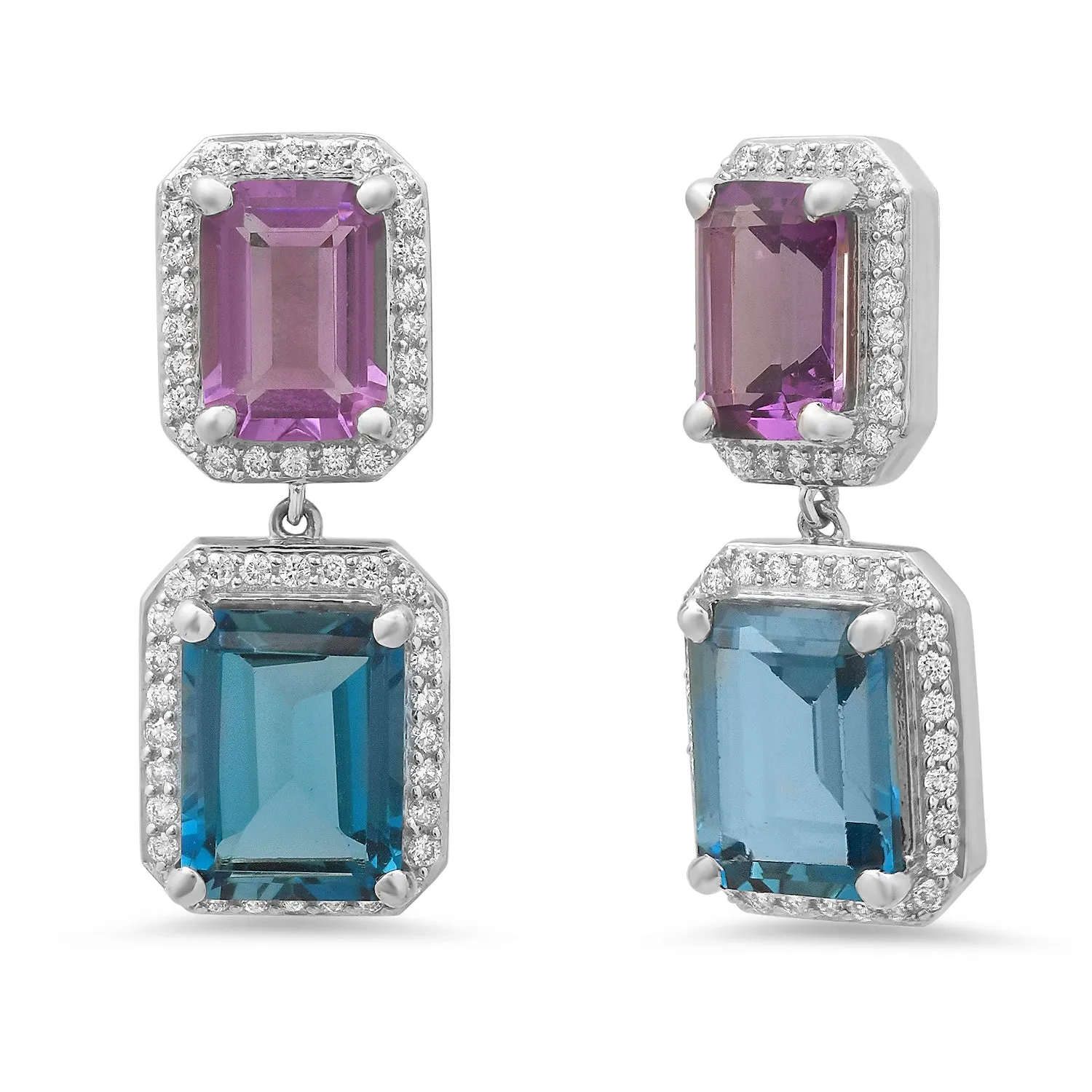 Bold Blue Topaz & Amethyst Emerald Cut Drop Earrings