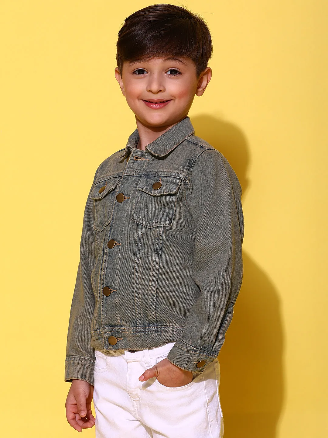 Boy Khakhi Cotton Full Sleeves Washed Jacket