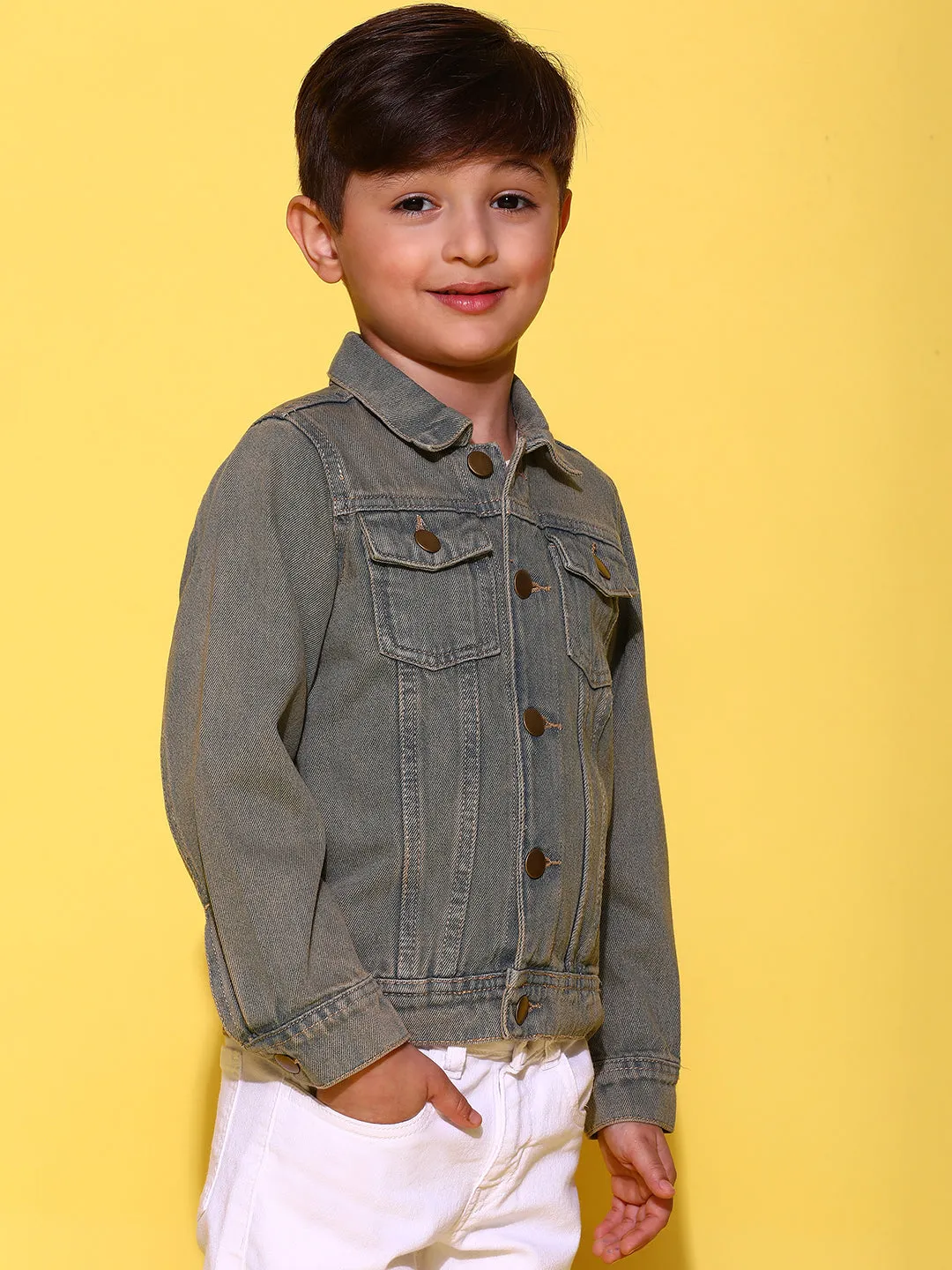 Boy Khakhi Cotton Full Sleeves Washed Jacket