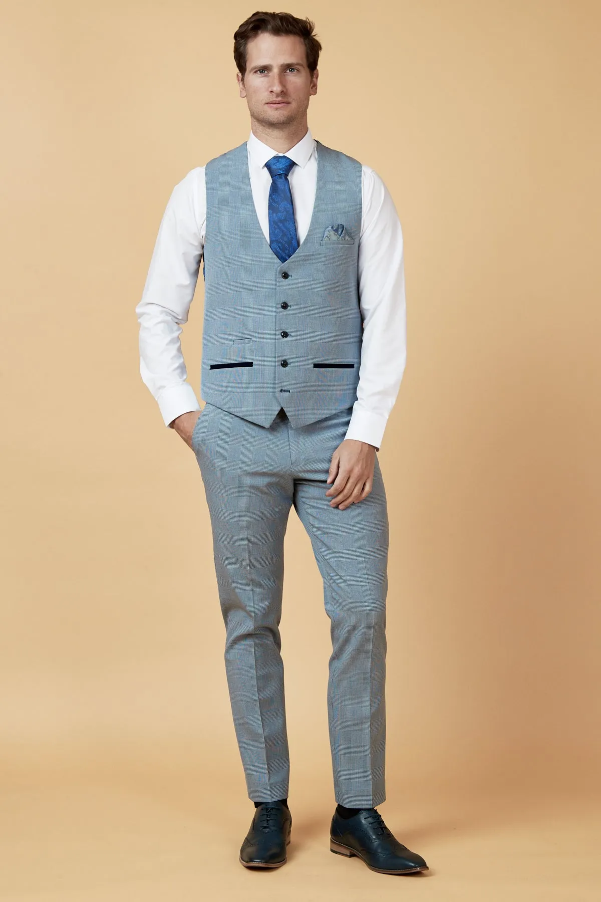 BROMLEY - Sky Blue Single Breasted Check Waistcoat