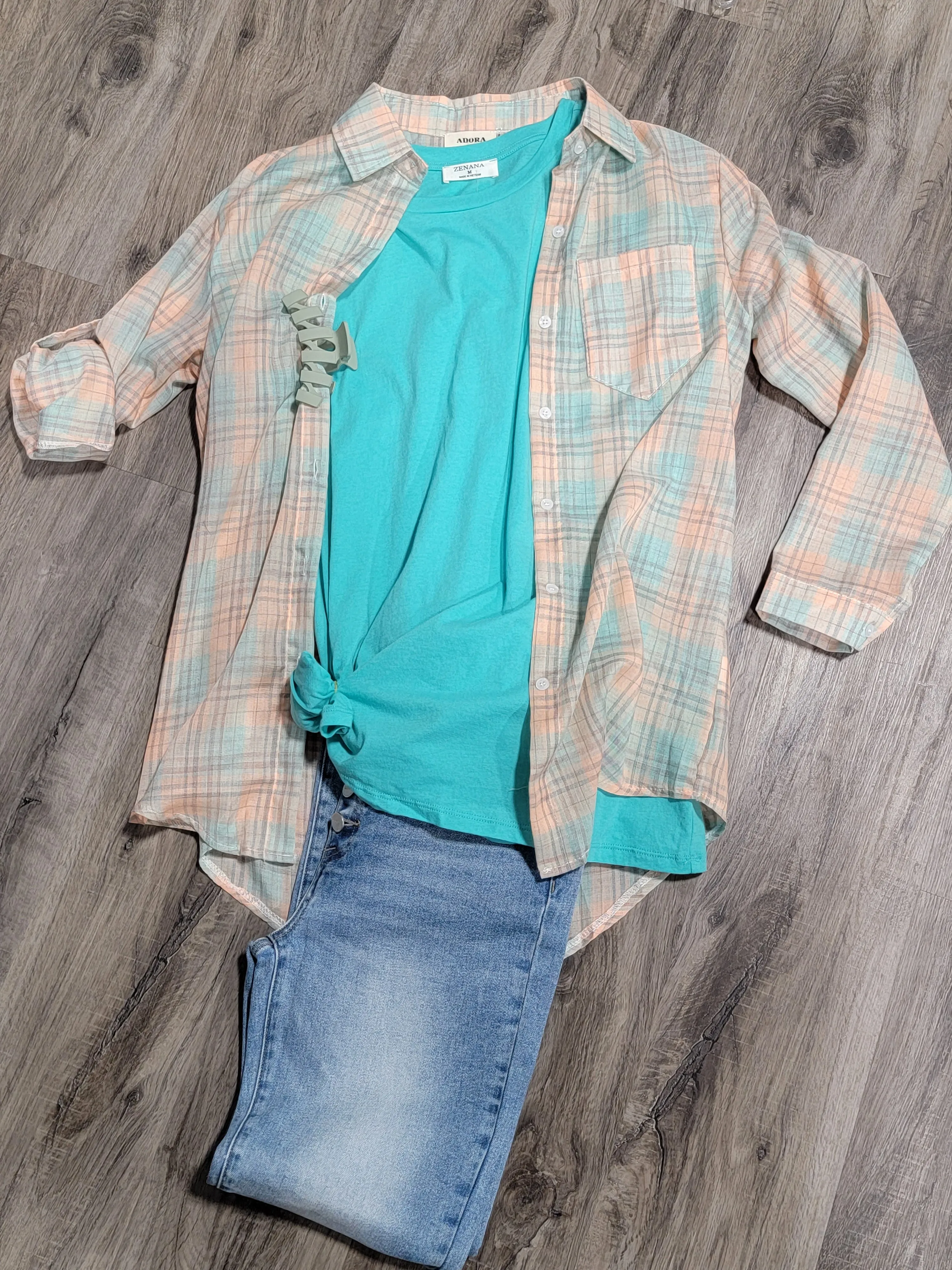 Button Down Plaid - Peach And Teal