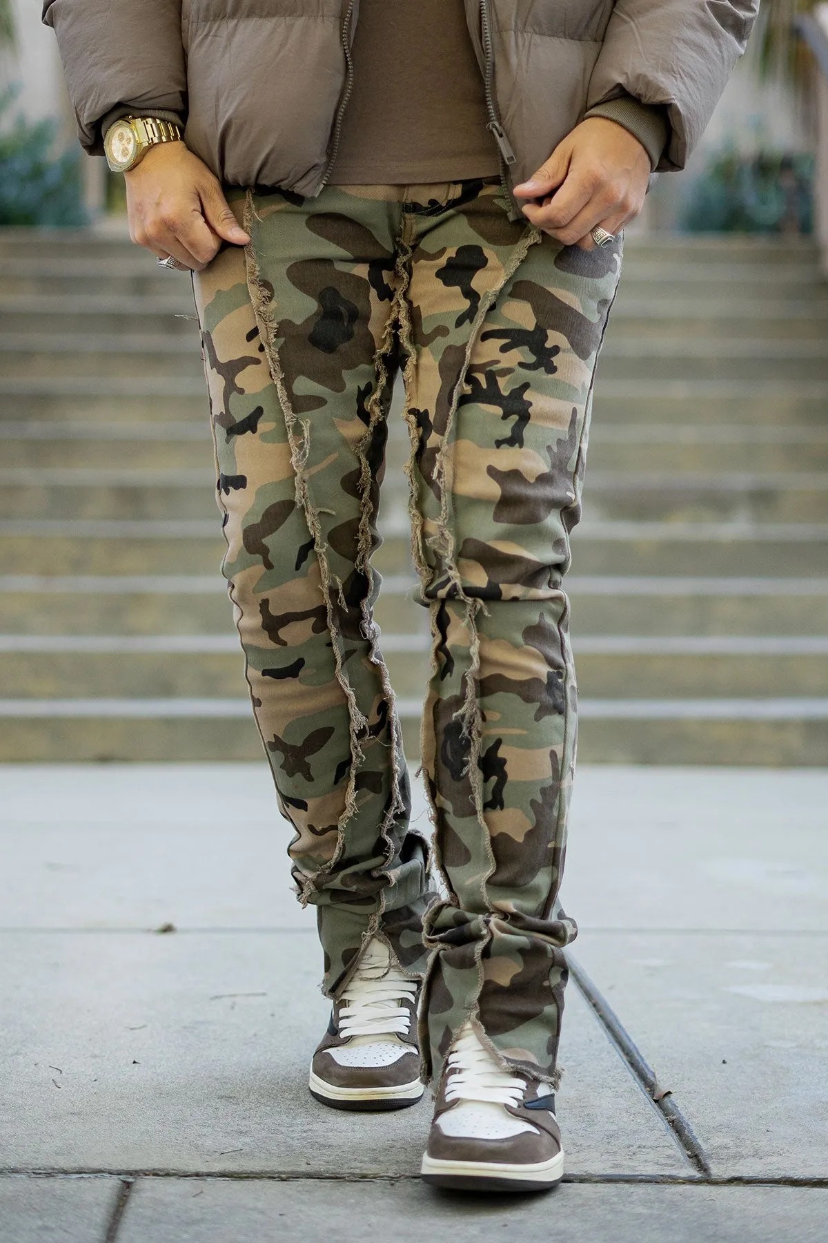 Camo  Raw Cut Stacked Pants for Men