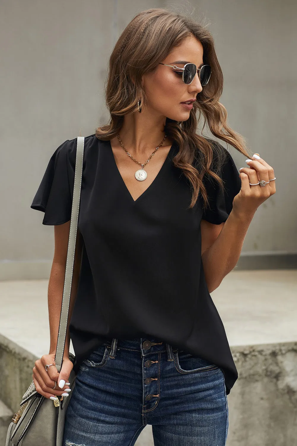 Casual Black V Neck Short Sleeve Tee