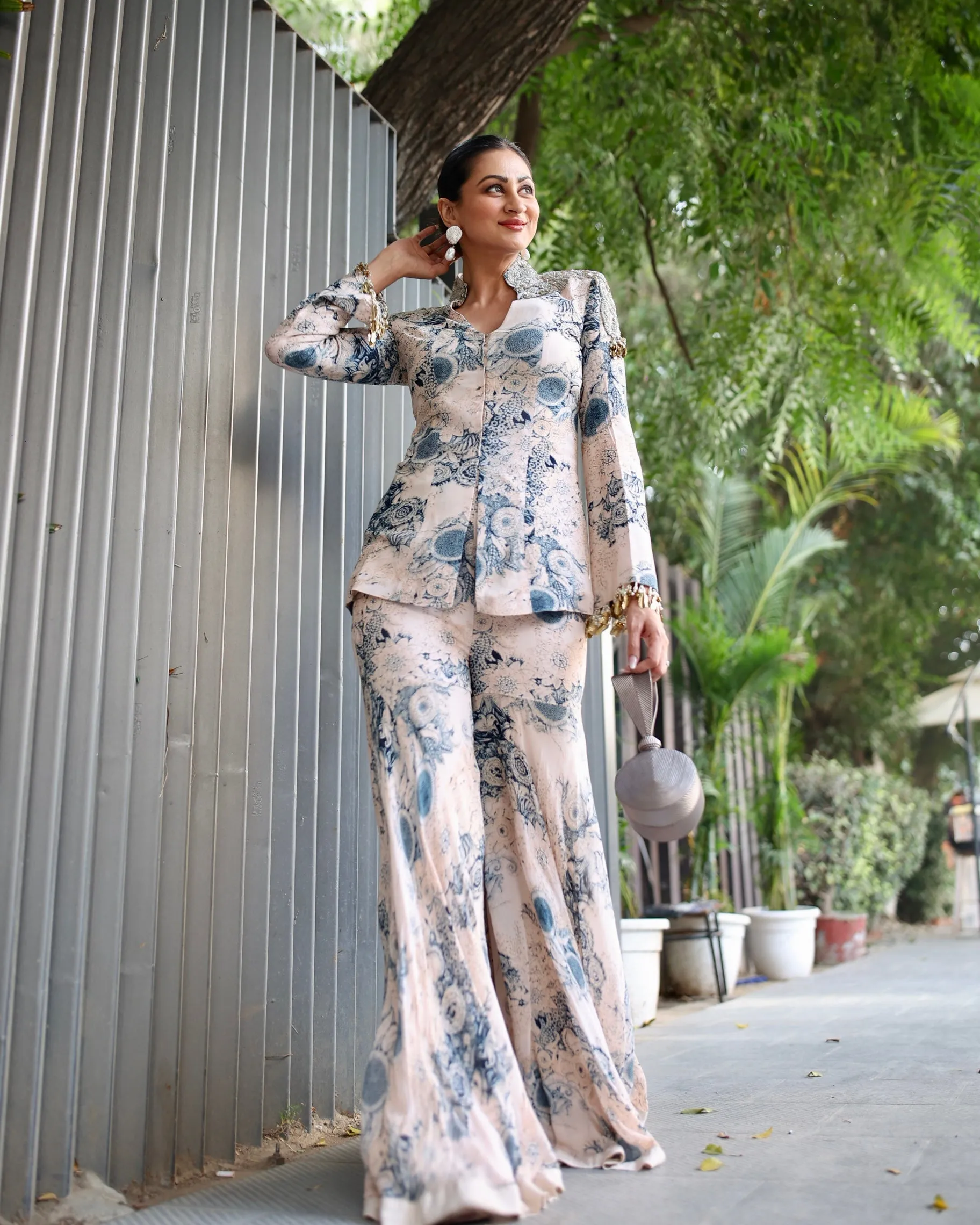 Champagne Blue Blossom Print Embroidered Jacket Top And Gharara Set