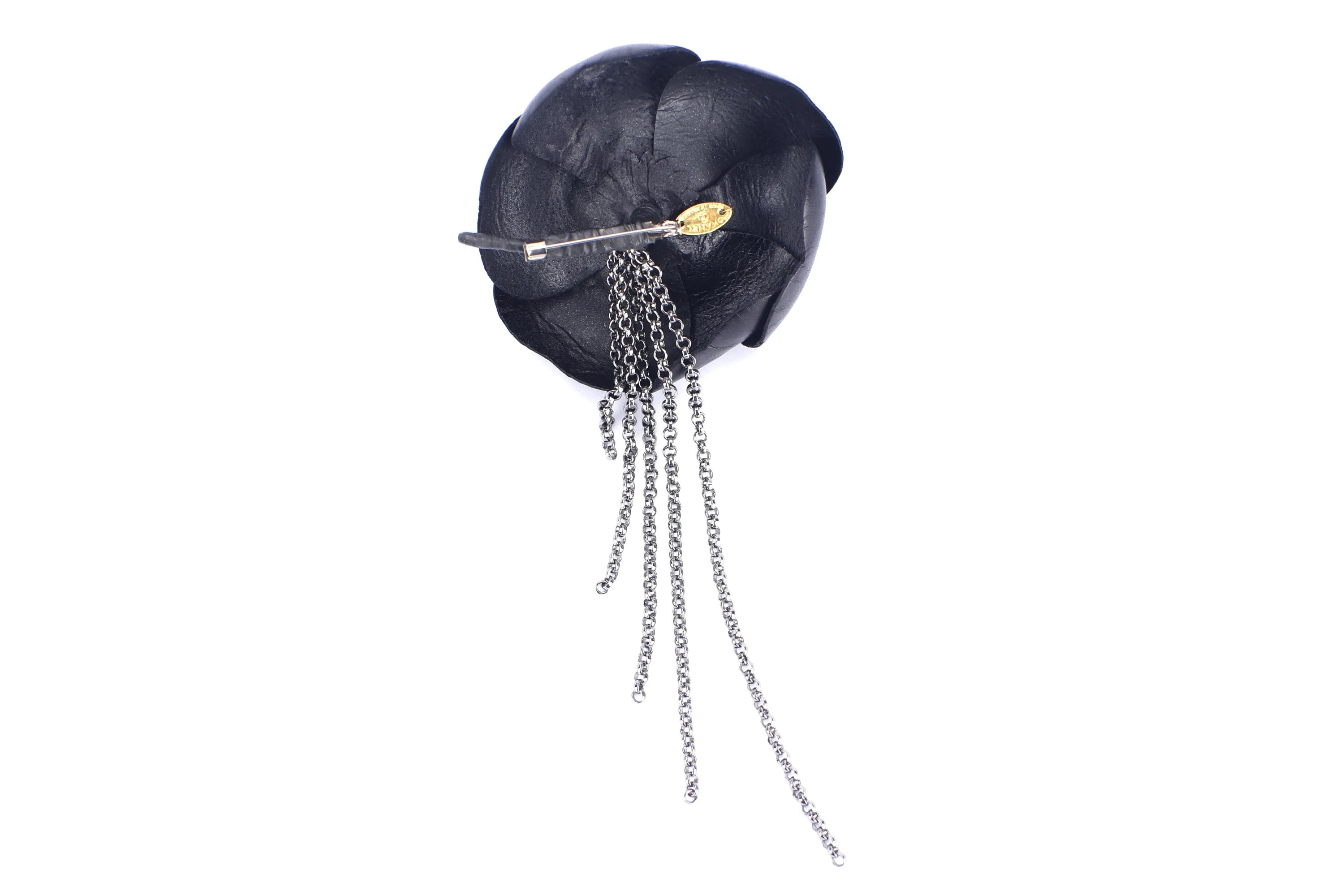 CHANEL A20374 BLACK LEATHER WITH FRINGE CAMELIA BROOCH, WITH BOX