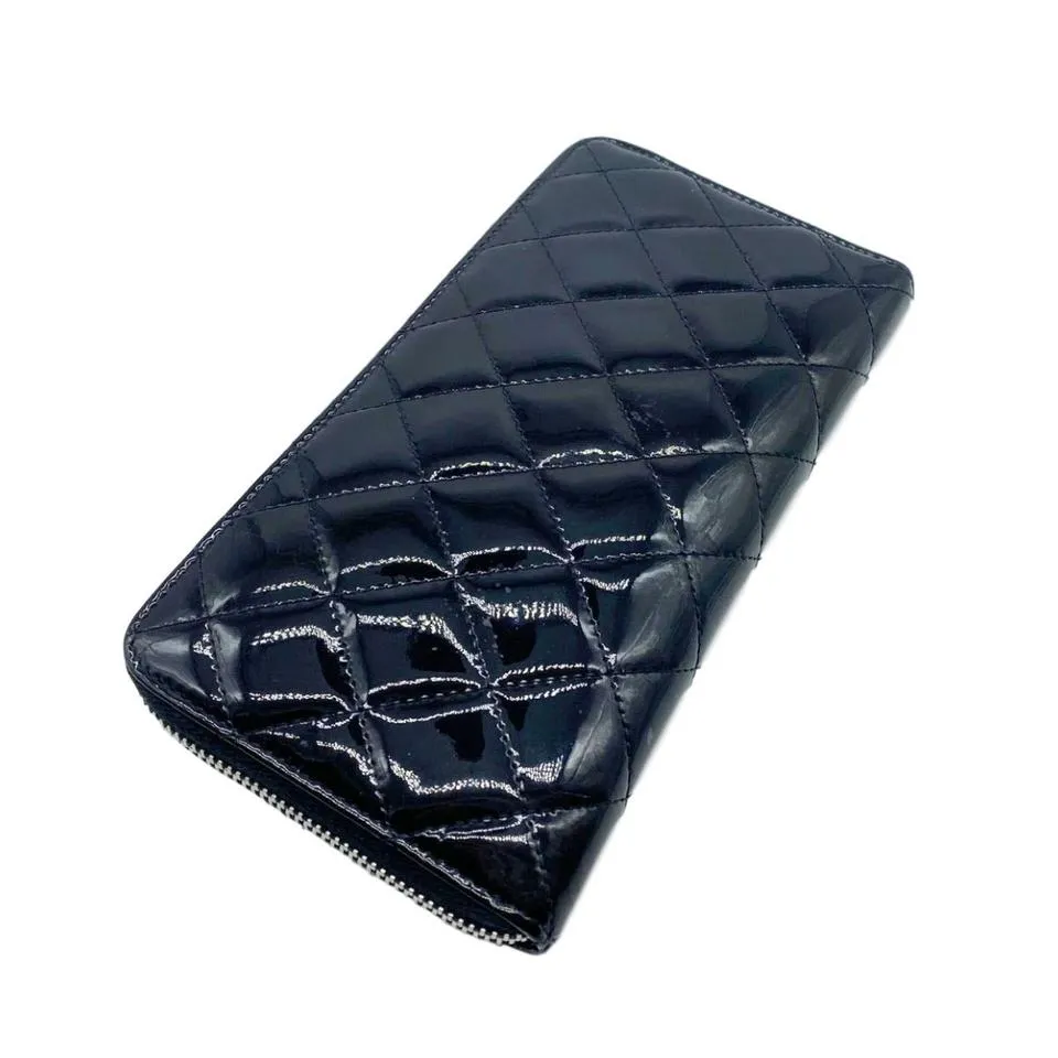 Chanel Black Brilliant Zip Around Quilted Long Patent Leather Wallet