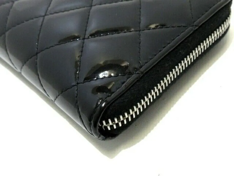 Chanel Black Brilliant Zip Around Quilted Long Patent Leather Wallet