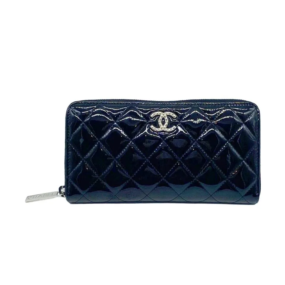 Chanel Black Brilliant Zip Around Quilted Long Patent Leather Wallet